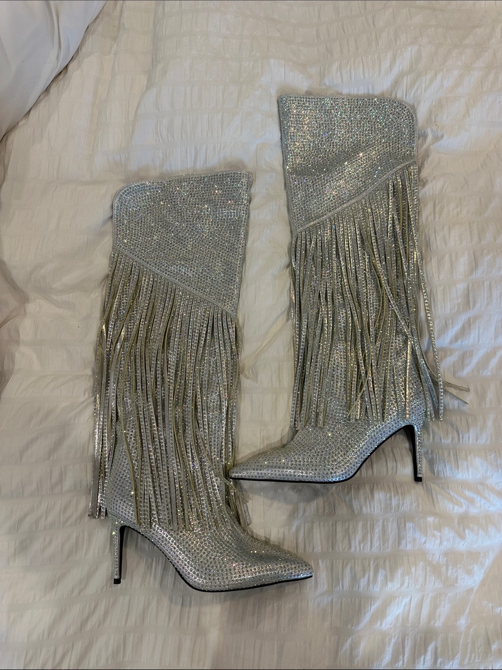 Silver Rhinestone Fringe high Stiletto Boots - Picture 2 of 9
